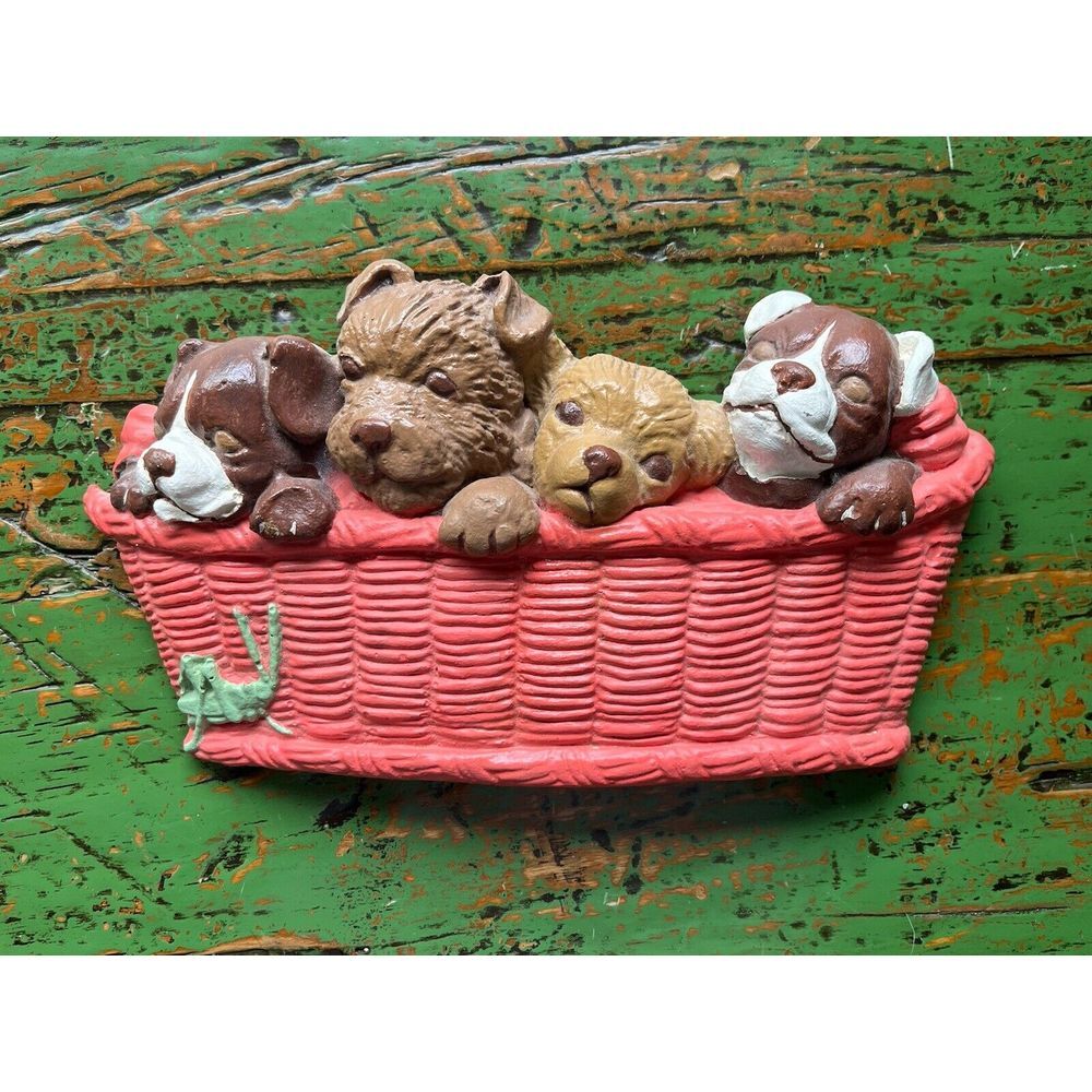 Vintage Chalkware Wall Hanging Puppies In Basket With A Grasshopper